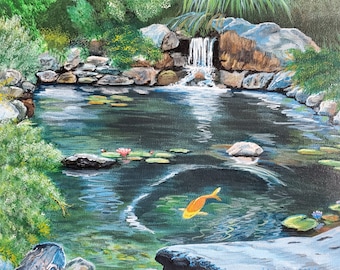 Koi Pond Waterfall, Koi Fish Painting Original Art, Acrylic Landscape  Artwork, Koi Pond Painting, Pondscape Art, Fish Painting on Canvas Art 