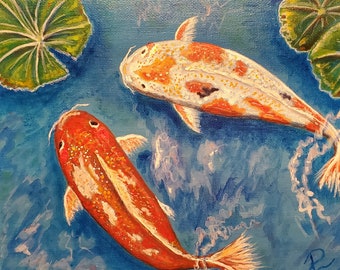 Original Acrylic Koi Fish Pond Painting, Lily Pads, Japanese Carp Art