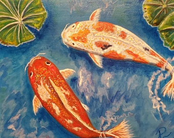 Koi Pond Painting, Koi Fish Artwork, Fish Painting, Koi Fish Painting, Koi Painting, Lily Pads Artwork, Lily Pads Koi Fish Painting Original