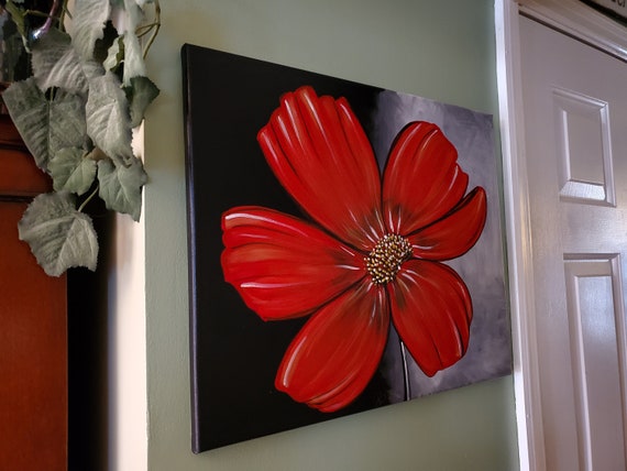Large Original Painting, Red Flower Painting Original Artwork, Red