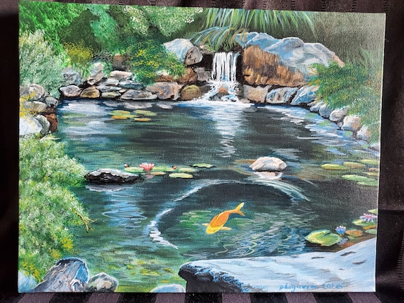 Koi Pond Waterfall, Koi Fish Painting Original Art, Acrylic Landscape  Artwork, Koi Pond Painting, Pondscape Art, Fish Painting on Canvas Art -   Canada
