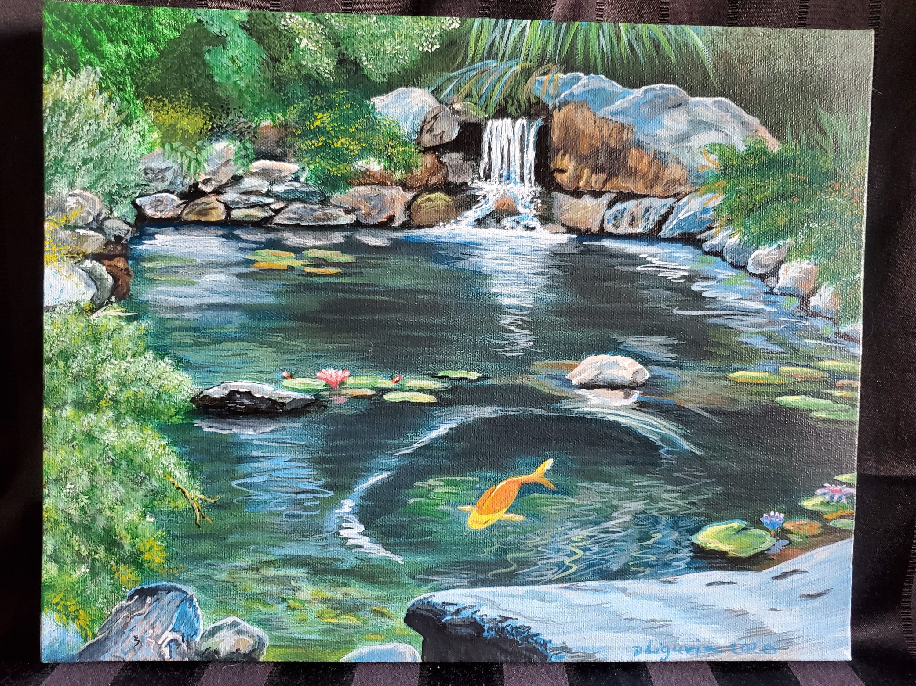 Koi Pond Waterfall, Koi Fish Painting Original Art, Acrylic