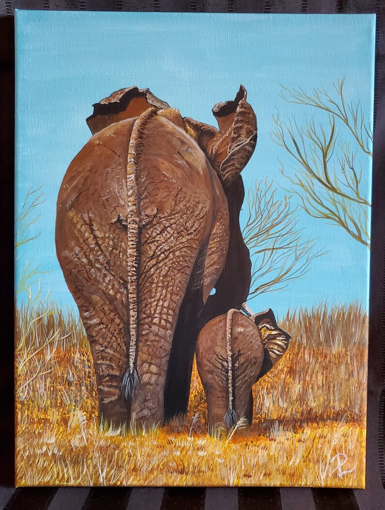 Elephant Painting, Mother and Baby Elephants Art, Elephant Art, Acrylic Paintings Elephants, Animal Wall Art Gifts, Animal Artwork, Elephant image 1