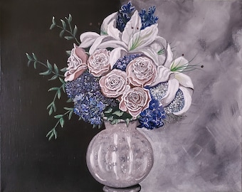 Lily Flower Arrangement in Vase, Flowers Mercury Glass Vase, Flower Arrangement, Still Life Flowers, Floral, Giclée Art Print, Flower Print