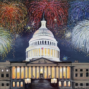 May include: An acrylic painting of the U.S. Capitol building at night with colorful fireworks exploding in the sky. The building is lit up with warm lights, and the fireworks display features red, white, and blue colors.