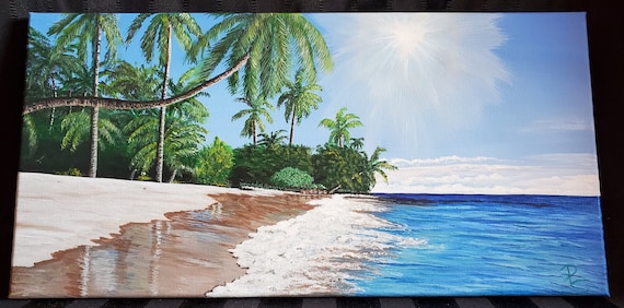 Original Acrylic Painting 8 x 10 Canvas Tropical Island Beach Cove Art  Decor