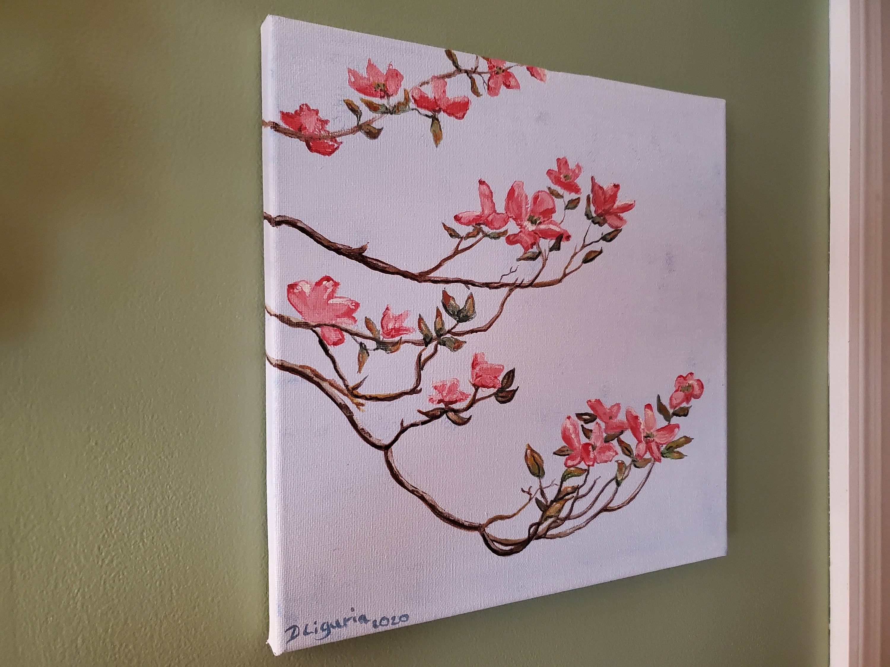 Flowering Dogwood Painting, Acrylic Paint Pink Dogwood Branches Canvas