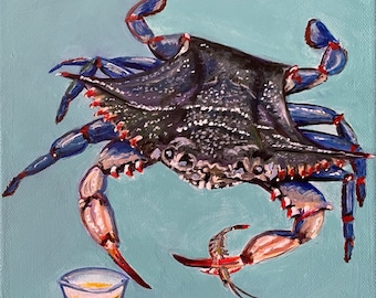 Blue Crab Acrylic Painting, Whimsical Ocean Art, Coastal Themed Artwork Crab Shrimp, Donna Liguria Art