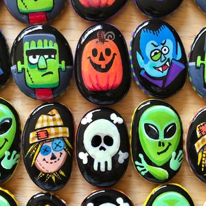 6 fun Halloween painted rocks · Small art stones · Frankie, Dracula, Jack-o-lantern, Scarecrow, Alien, Skull