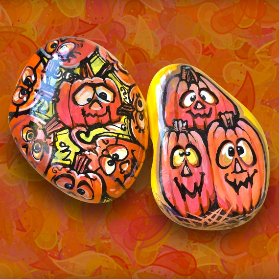 Set of 2 Jack-o-lantern painted rocks · Halloween fun