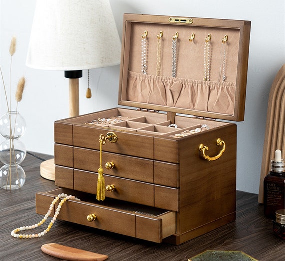 Wooden Jewelry Organizer Box Lock Gift Jewelry Display With | Etsy UK