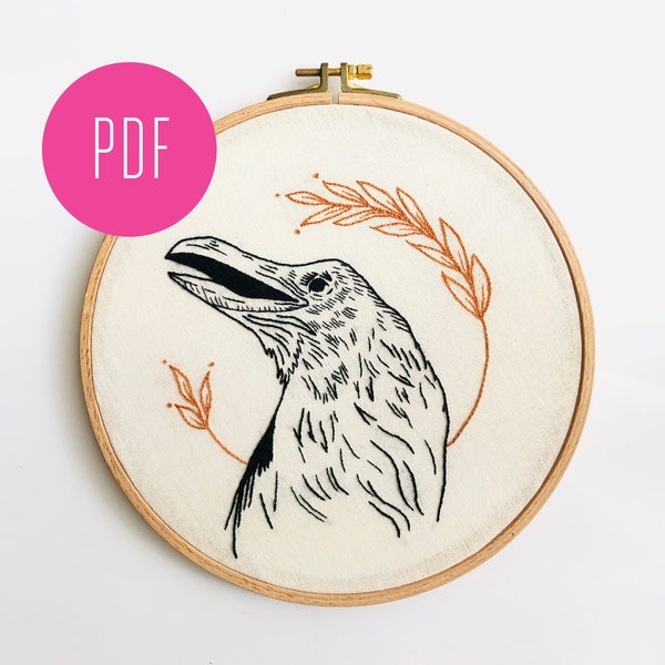 PDF Digital Embroidery Pattern | Raven Hand Embroidery Pattern | Hoop Art | Modern Embroidery