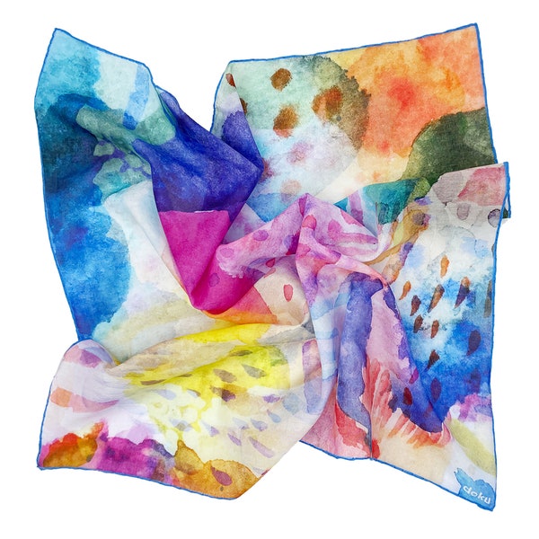100% Organic Turkish Cotton Square Scarf and Mask with Hand-rolled Edges | Bandana | abstract watercolor | Rainbow colors