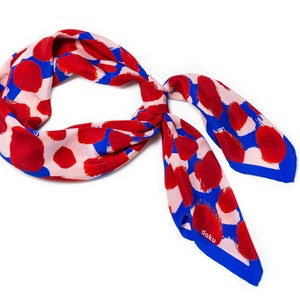Silk square scarf with red and blue illustrated pattern, silk bandana
