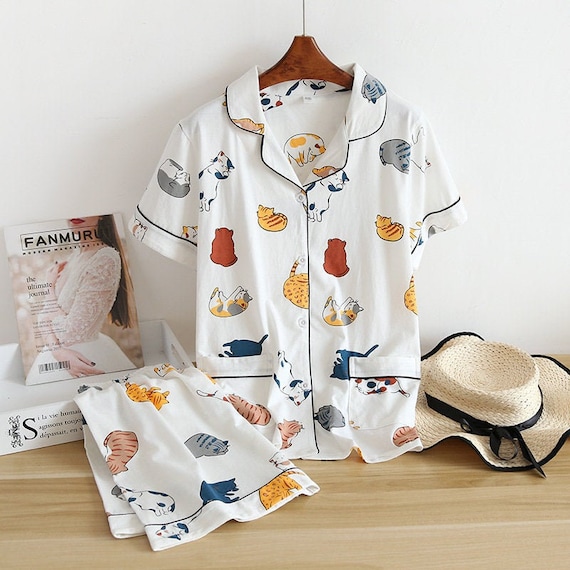 Cute Cat Print Pajama Shorts Cat Lovers 