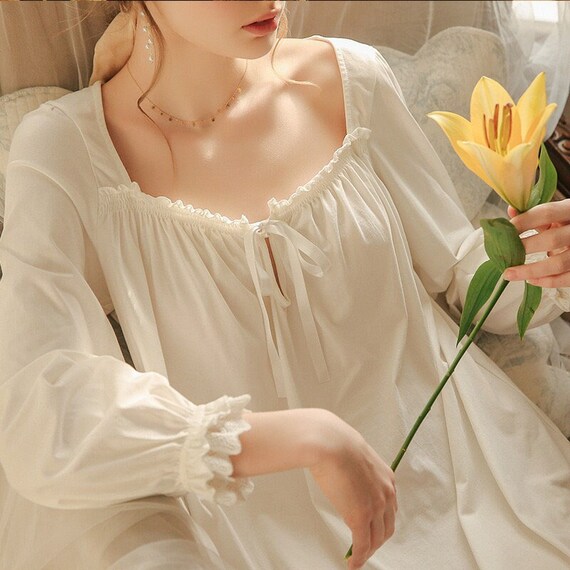 Elegant White Night Gown Square Neck 