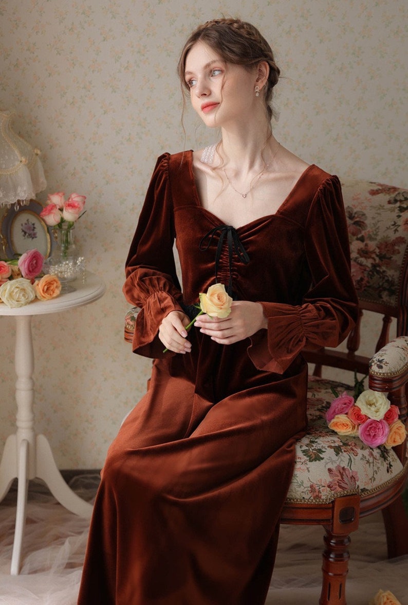 Tobacco Brown Velvet Nightgown Victorian Dress Velvet Maxi Etsy