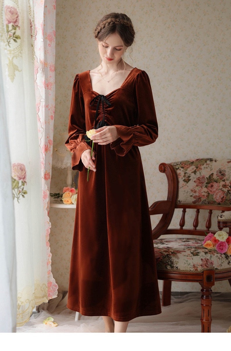 Tobacco Brown Velvet Nightgown Victorian Dress Velvet Maxi Etsy