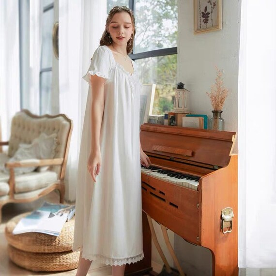 Elegant White Night Gown Square Neck 