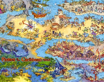 Giclee Print of - Pirates of the Caribbean 1968 Disneyland Overview  Recreation - Unframed - Gallery Quality Acid Free Paper - 13&quot; x 21&quot;