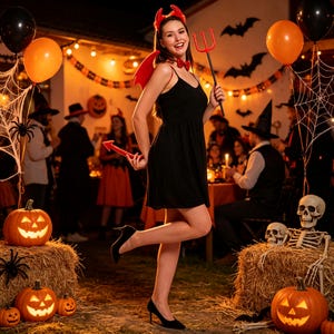 May include: A black sleeveless dress worn with a red devil costume set including a headband with horns, a bow tie, a tail, and wings. The outfit is paired with black high-heeled shoes, and a red plastic trident is held in one hand.
