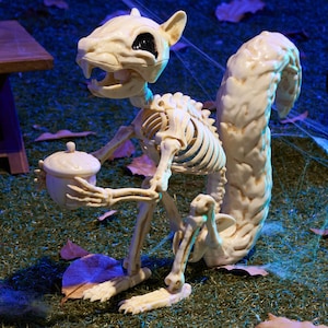 May include: A cream-colored plastic squirrel skeleton figurine featuring a detailed skull, rib cage, and a large bushy tail. The skeletal squirrel is depicted in a seated position, holding a small, matching cream-colored acorn in its front paws.