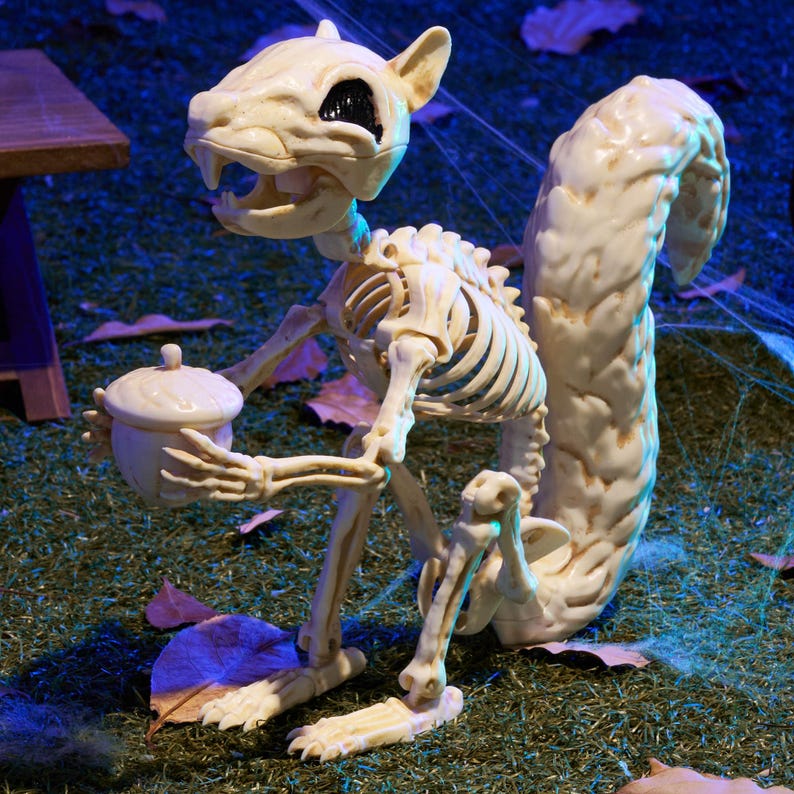 May include: A cream-colored plastic squirrel skeleton figurine featuring a detailed skull, rib cage, and a large bushy tail. The skeletal squirrel is depicted in a seated position, holding a small, matching cream-colored acorn in its front paws.
