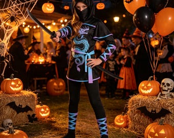 May include: A black ninja costume featuring a hood, a face mask, and a tunic with a blue and purple dragon graphic. The outfit includes a matching belt, leggings with crisscross patterns, and arm wraps, paired with a black toy sword accessory.