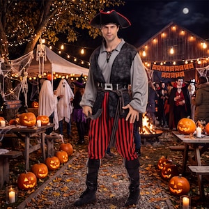 May include: A pirate costume consisting of a black tricorn hat, a grey long-sleeved shirt with a lace-up neckline, a black vest with a subtle pattern, a black belt with a silver buckle, and red and black vertically striped trousers with black boots.