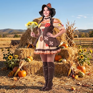 May include: A scarecrow-themed costume featuring a brown and tan dress with a lace-up bodice, patchwork details, and ruffled hem, paired with a wide-brimmed brown hat and brown knee-high boots. The outfit includes short sleeves and a choker.