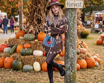 May include: A scarecrow costume featuring a brown pointed hat with straw accents, a long-sleeved brown tunic with a blue patch and plaid details, black leggings, and black lace-up boots. The outfit includes straw-like ties at the wrists and neck.