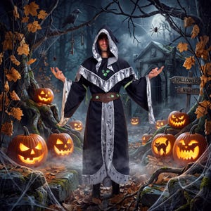 May include: A black hooded robe featuring silver trim, a brown belt with green accents, and three green circular embellishments on the chest. The garment has wide sleeves and a long, flowing skirt, designed for a dark, mystical appearance.