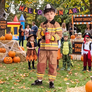 May include: A child wearing a tan firefighter costume with yellow reflective stripes, a black helmet, and black shoes. The costume includes a jacket with toggle closures and matching pants. The child holds a red plastic fire extinguisher toy.