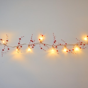May include: A string of decorative lights featuring small, glowing warm white bulbs interspersed with delicate, thin wire branches adorned with tiny, round, vibrant red beads, creating a festive and illuminated linear display.