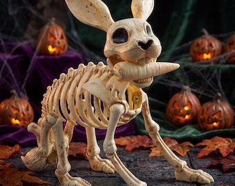 13" Poseable Bunny Skeleton with Carrot, Halloween Skeleton Decor