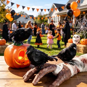 May include: Three black feathered crow figurines are displayed on a wooden surface. One crow sits atop a bright orange jack-o'-lantern, while two others rest on a large, textured, bandaged hand prop. The scene is set outdoors during a festive event.