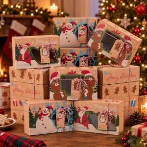 May include: A stack of rectangular cardboard Christmas gift boxes featuring festive illustrations of Santa Claus, snowmen, and gingerbread men. Each box includes a clear window, a red and white twine tie, and a small matching gift tag.