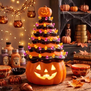 May include: A ceramic Halloween tree decoration featuring a tiered orange and black design topped with a small pumpkin. The tree is illuminated by numerous small, colorful light bulbs in shades of purple, orange, and yellow, with a large carved jack-o'-lantern base.