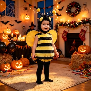 May include: A child wearing a bumblebee costume consisting of a black and yellow striped sleeveless tunic, a matching hood with antennae, and attached yellow wings, paired with solid black leggings and black footwear.