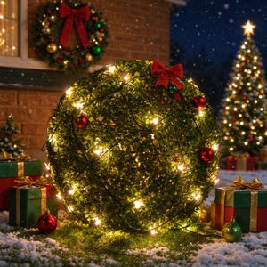 May include: A spherical topiary bush wrapped in a net of warm white string lights, decorated with small red ornaments and a red fabric bow. The green foliage is illuminated by the lights, creating a festive display for the holiday season.