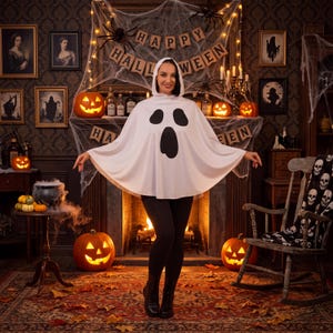 May include: A white hooded poncho featuring a black ghost face print with two oval eyes and a larger oval mouth. The garment is worn over black leggings and black boots, creating a simple ghost costume with a hood and a wide, flowing silhouette.