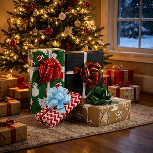 May include: A collection of wrapped gift boxes under a lit Christmas tree. The presents feature various patterns including snowmen, red chevrons, and stars, adorned with large red, light blue, dark green, and plaid decorative bows.
