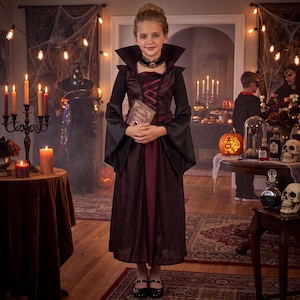 May include: A floor-length vampire costume featuring a dark burgundy and black dress with a high, stiff collar, long flared sleeves, and a lace-up bodice. The garment is paired with a black choker and held with a book titled Spooky Stories.