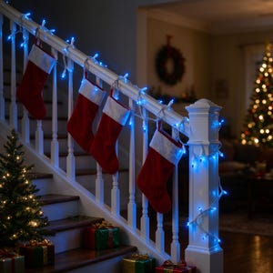 May include: Four red Christmas stockings with white cuffs are hung along a white wooden staircase railing. A string of glowing blue LED lights is draped across the railing, illuminating the stockings and the white banister in a festive display.