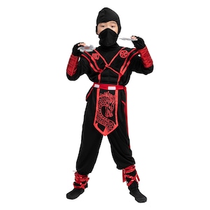 May include: A black ninja costume featuring red trim, a dragon graphic on the front panel, and matching red arm and leg wraps. The outfit includes a black hood and face mask, with two grey plastic throwing stars held in the hands.