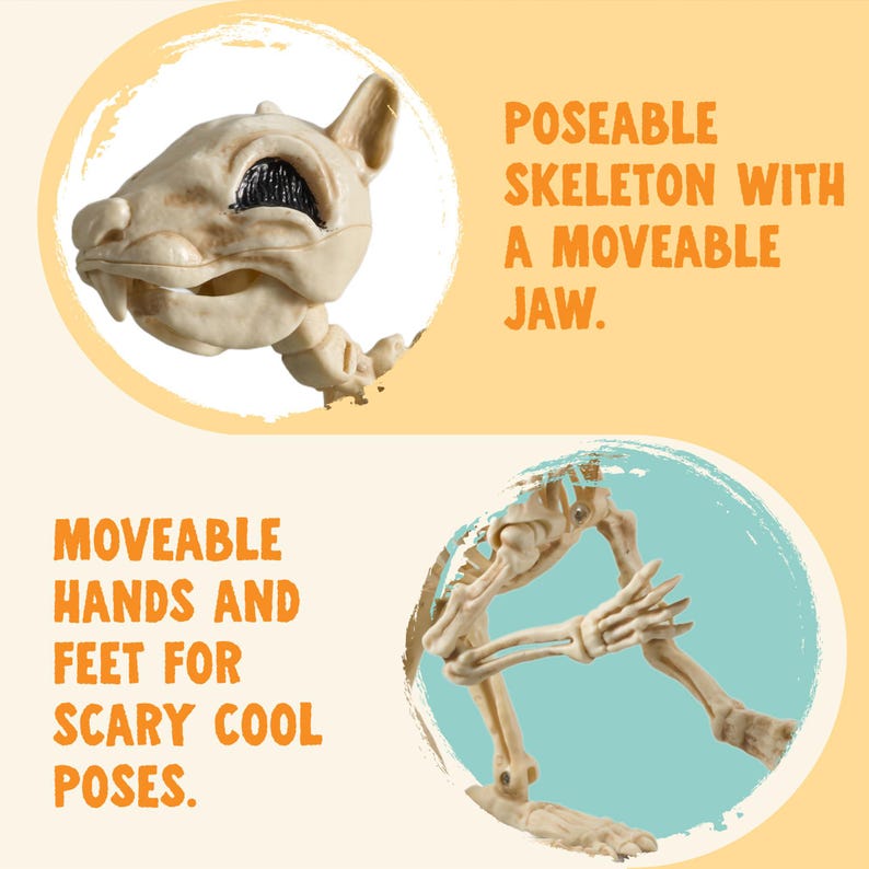 May include: A poseable skeleton figure featuring a moveable jaw, hands, and feet. The text on the image reads: POSEABLE SKELETON WITH A MOVEABLE JAW and MOVEABLE HANDS AND FEET FOR SCARY COOL POSES. The skeleton is off-white with dark eye sockets.