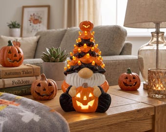 Halloween Ceramic Tree Pumpkin Gnome Home Decor, Light Up Halloween Decorations Fall Decor