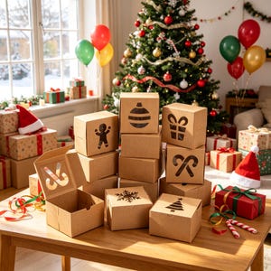 May include: A collection of square brown cardboard gift boxes with die-cut windows featuring holiday icons like a gingerbread man, Christmas tree, snowflake, ornament, gift, and candy cane. Some boxes are stacked, and one is open on a table.