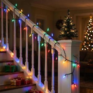 May include: A string of multicolored LED Christmas lights draped along a white wooden staircase railing. The lights feature small, pointed bulbs in red, green, blue, yellow, and orange, illuminating the banister and the surrounding indoor space.