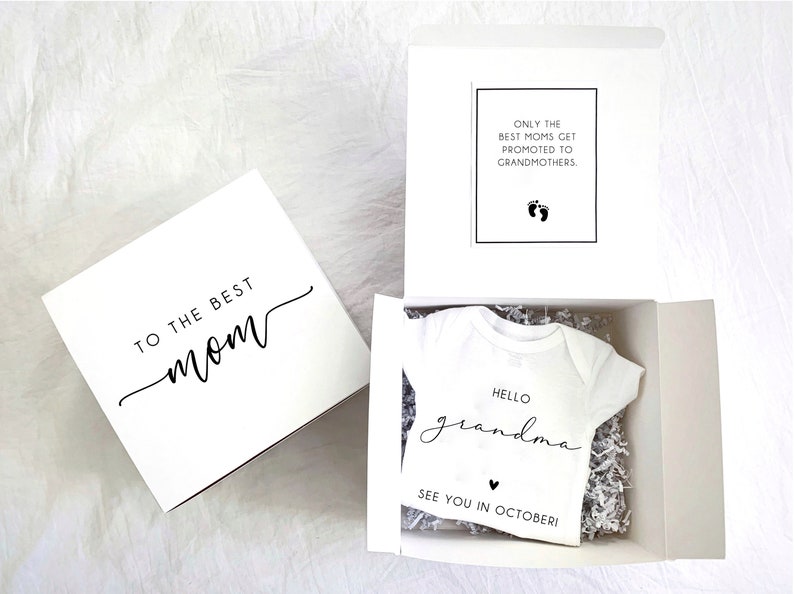 a Handmade high quality vinyl with a professional heat press on onesie printing "Hello Grandma" Pregnancy Gift Box is the best gift for expecting grandma